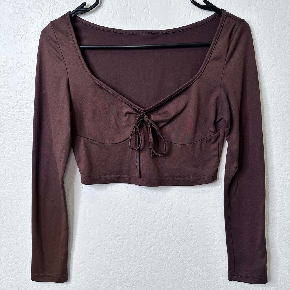Brown Tie-Front Long Sleeve Crop Top XS/S